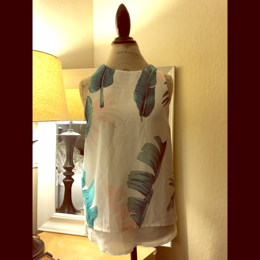 Banana leaf tropical print on white blouse